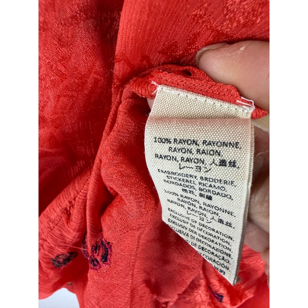 Free People Coral Red Embroidered Boho VNeck Balloon Sleeve Blouse Top Small NWT - Picture 7 of 9